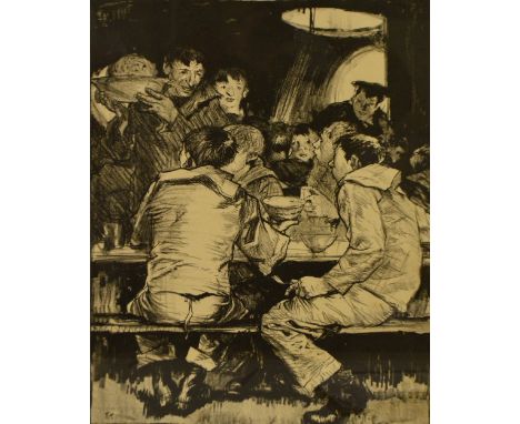 SIR FRANK BRANGWYN (1867 - 1956); a signed black and white etching, "Making Sailors: Duff", from the 1917 series "The Great W