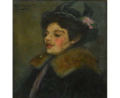ALEXANDER JOSHUA Ca BRYCE (late 19th/early 20th century); oil on canvas, portrait study of a young woman wearing a fur trimme