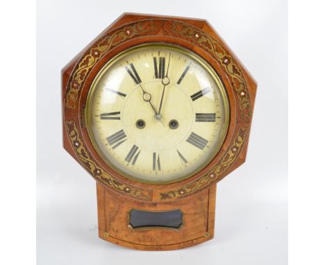 A 19th century mahogany walnut and rosewood octagonal drop dial wall clock, the painted dial set with Roman numerals within a