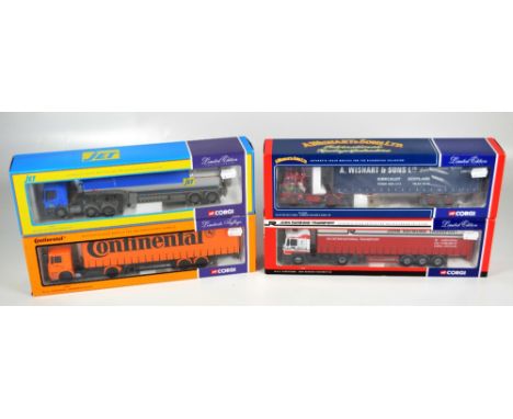 Four Corgi limited edition scale 1:50 models of trucks; 75807 M.A.N. curtainside John Raymond Ltd, CC13109 Volvo F88 tautline