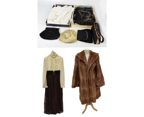 A group of various lady's evening scarves and a pair of gloves, three vintage purses, also an Edwardian style theatre costume