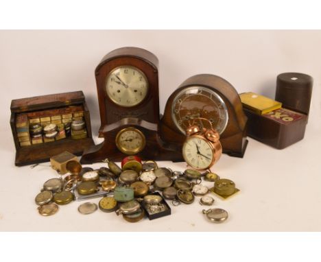 A mixed lot of three wooden cased mantel clocks, an alarm clock, a quantity of clockmakers' spares and pocket watches for res