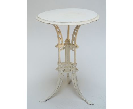 A white painted circular table on cast iron tripod base, diameter 50cm.