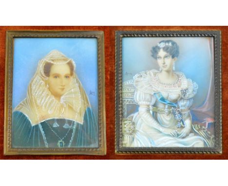 Two decorative 20th century rectangular portrait miniatures, each depicting a woman in elaborate dress, each 8 x 6.25cm, both