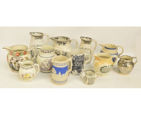 A collection of various 19th century ceramic ploughing and farming related jugs to include four blue transfer decorated examp