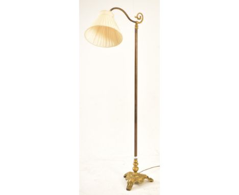 An Art Deco early 20th century circa 1930s brass &amp; copper gooseneck floor standard lamp light. The lamp having a conical 