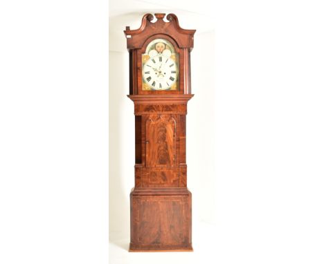 A George III early 19th century flame mahogany 8 day movement moon phase longcase grandfather clock by J. Stokes,&nbsp;Maccle