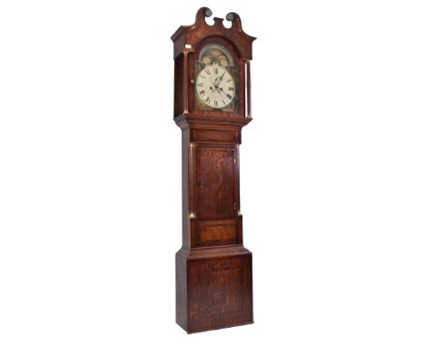 A 19th century oak and flame mahogany moon phase action longcase clock by James Brindley of Newcastle. The painted dial with 