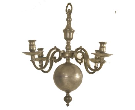 A mid 19th century Dutch style four branch pewter chandelier. The chandelier with numbered detachable arms and ball base with