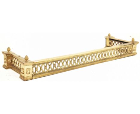 A George III 19th century brass &amp; steel pierced fire fender kerb. The fender having acorn shaped finials atop over a squa
