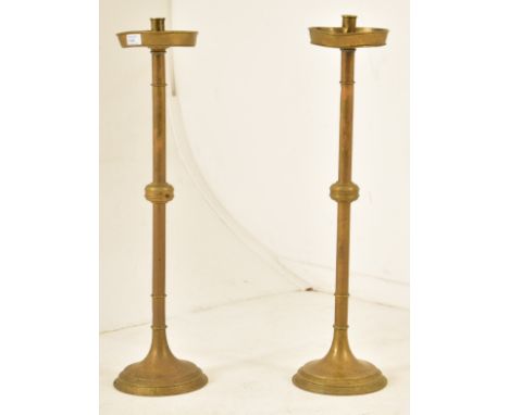 A pair of late Victorian - early 20th century brass ecclesiastical church floor candle holders / prickets. Each candlestick h
