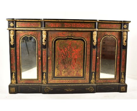 A French 19th century boulle work ebonised &amp; red lacquered credenza. The credenza having a break front shape with straigh