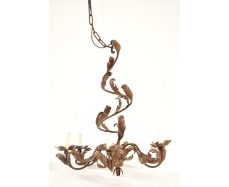 A late 19th century / early 20th century believed Italian continental tole metal six arm spiral chandelier. The ceiling light