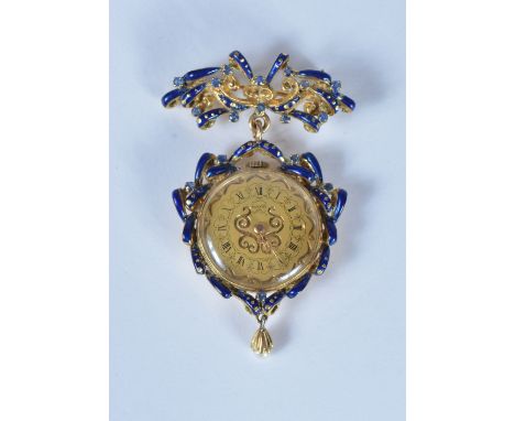 An 18ct gold fob watch with blue enamel and sapphire stylised decoration