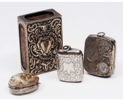 A silver vesta case and another, a small mother-of-pearl pill box and a silver plated sovereign case (4)