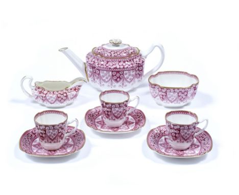 A Copeland printed part tea set circa 1900 to include three cups, saucers, a teapot, a sugar basin and milk jug