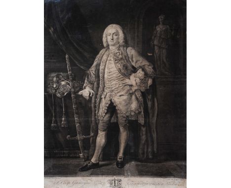 After William Keable 18th century  Mezzotint, portrait of Sir Crisp Gascoyne, by James McArdell, decorative gilt frame, 65cm 