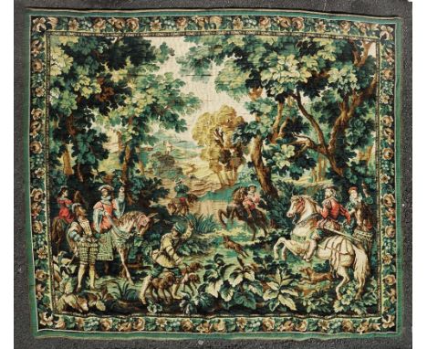 A Belgian tapestry in the Flemish 16th Century style, having a hunting scene, 224cm x 192cm approx