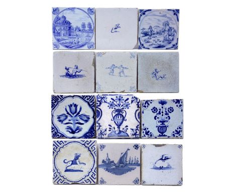 A collection of twelve Dutch Delft blue and white tiles 17th/18th Century including animal, hunting and biblical designs, eac