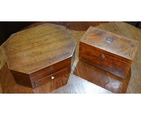 A 19th Century mahogany and inlaid tea caddy 26cm and a mahogany and inlaid octagonal workbox with single drawers below (2)