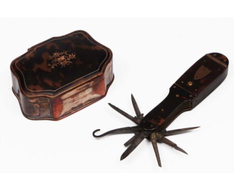 A George III Sheffield plate and tortoiseshell snuff box with inset pique basket of flowers and a tortoiseshell folding penkn