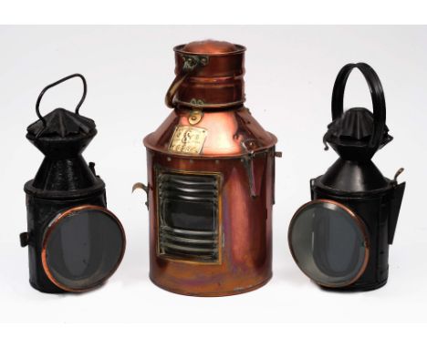 A copper ship's lantern marked Seahorse GB 16384 36cm and two railway lanterns one marked Park No 2 Robb Moore & Neill of Gla