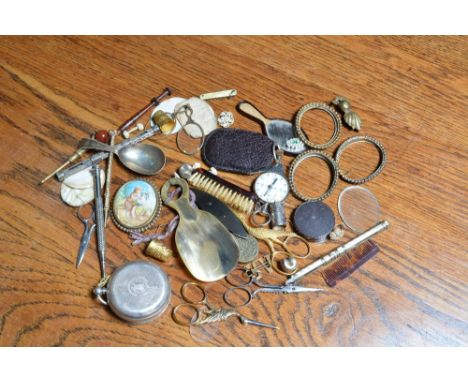 A quantity of miscellaneous  including a silver pocket watch, a Victorian silver caddy spoon, Victorian propelling pencils, a