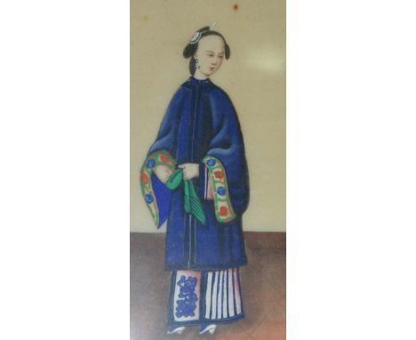Chinese School circa 1880 three pith picture studies, a pair of courtiers and another girl playing a stringed instrument, eac