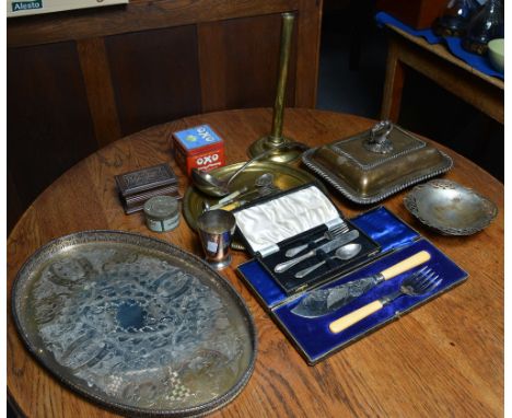 A collection of miscellaneous plated and other wares including a silver plated entree dish, a plated tray, a brass candlestic