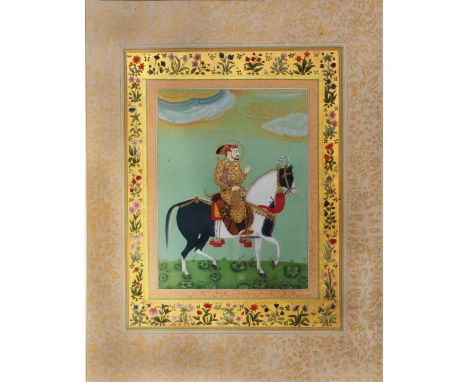 Indo Persian School A folio page miniature study of a Maharajah hunting, in the 17th Century style, 43cm x 32cm