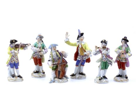 A collection of six Meissen porcelain musicians 19th/20th Century each in the form of an 18th Century figure playing various 