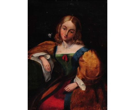 19th Century English School Three quarter length portrait of a seated Victorian lady, oils on canvas, 33cm x 23cm