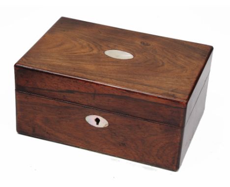 A Victorian rosewood sewing box the interior with fitted compartments and various smaller pieces including a miniature mantel