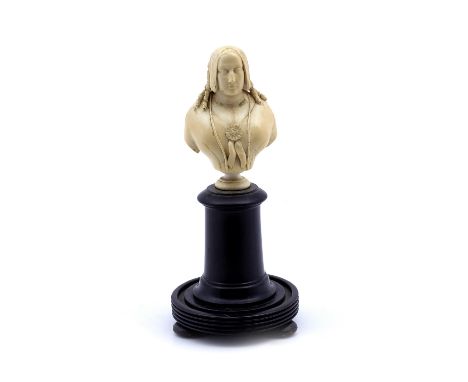 A carved ivory bust Elizabeth Ashworth 19th Century with ebonised plinth, ivory 9cm, overall 19cm