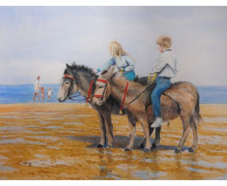 Keith Tovey (20th Century) Children having a donkey ride on a beach, signed, with sandcastle sketch to mount, watercolour, 23