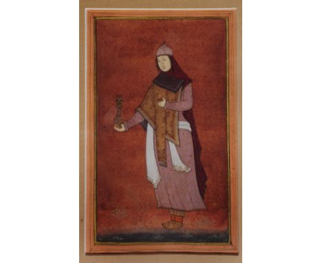 Two Mughal miniatures the first of a figure holding a hookah base, gouache heightened with gold paint, the second of a huntin