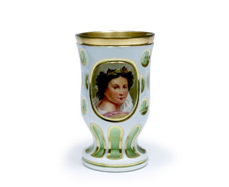 A Bohemian green glass cup with white overlay mid 19th century  central hand painted classical portrait, height 11 cm 