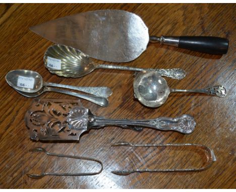 A silver plated Commemorative trowel together with a pair of silver plated asparagus tongs of shell pattern, silver spoons, a