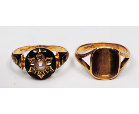 A gentleman's 18ct gold signet ring (missing stone) 2.2 grams, together with a Victorian mourning ring with seed pearl and bl