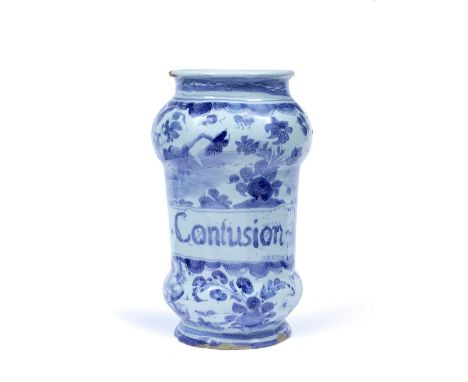 An Italian pottery albarello Savona, late 17th Century having a panel inscribed V. Pro. Confusion within a blue ground of che