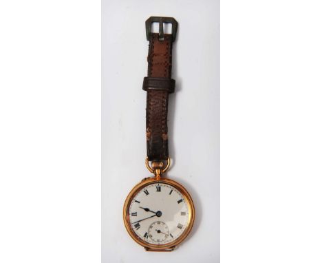 An 18ct gold fob watch with plain case and enamel dial