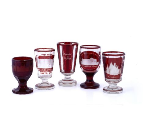 A collection of five Bohemian goblets 19th century  ruby flashed and coloured glass, each engraved with topographical views a