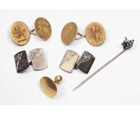 A small collection of miscellaneous including a pair of 18ct gold cufflinks (crested) 13.9 grams, together with a fox head st