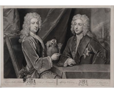 After Sir Godfrey Kneller 1733 mezzotint, portrait of Thomas Pelham-Holles and Henry Clinton, by John Faber Jr, 53cm by 37cm 