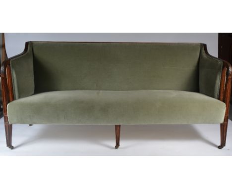 A 19th Century mahogany large sofa with reeded frame on tapering supports and tapestry ends and cushions, 190cm