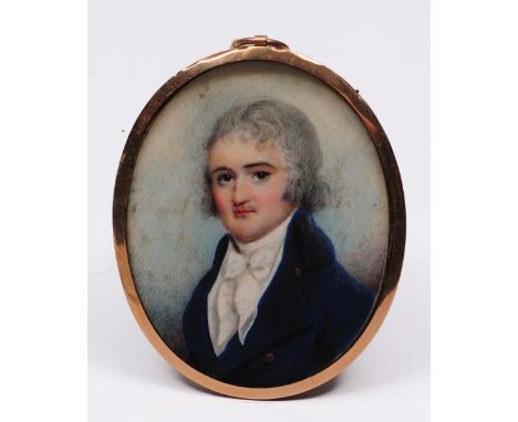 An oval miniature portrait late 18th Century gentleman wearing a blue jacket with white ruff, on ivory, in a pinchbeck frame,