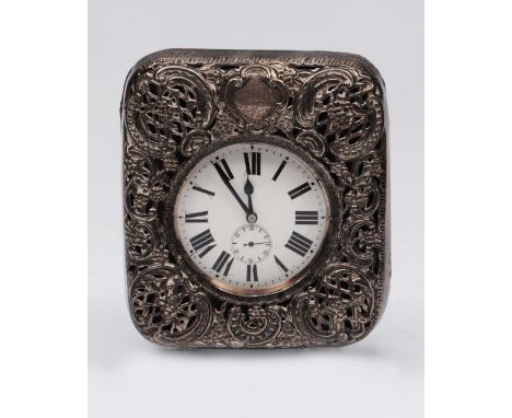 A Victorian silver plated Goliath watch of plain form with enamel dial and top wind mechanism, in original blue leather trave