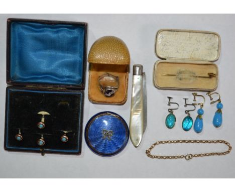 A small collection of miscellaneous including a mother of pearl penknife with silver blade, earrings, a silver ring, an ename