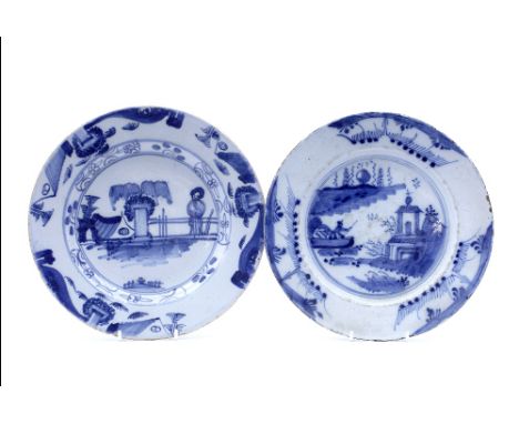 A Delftware blue and white dish 18th Century a figure on a bridge in the Chinese style, 23.5cm and one other Dutch Delftware 