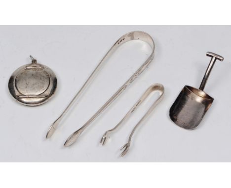 A pair of Georgian silver nips by Peter, Ann & William Bateman, together with a silver caddy spoon in the form of a shovel, a